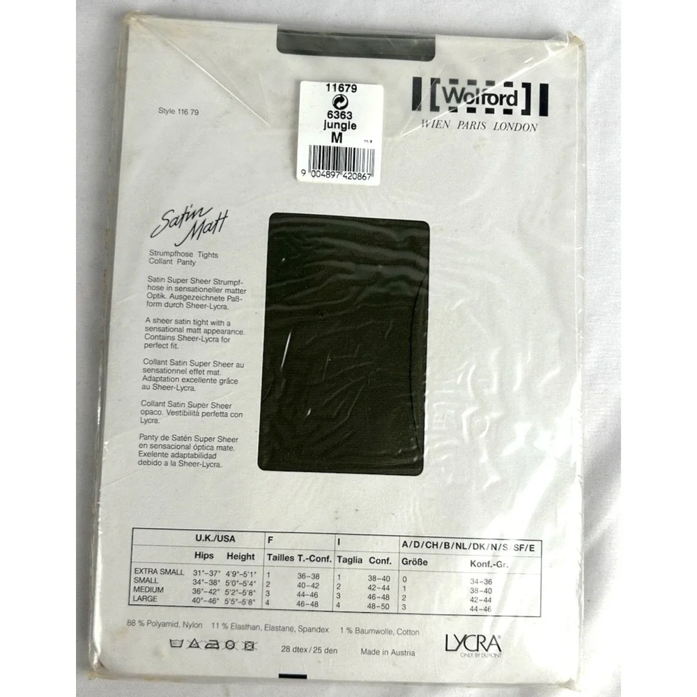 Vintage NIP Wolford Satin Matt Tights Sz Medium 6363 Jungle Green Austria